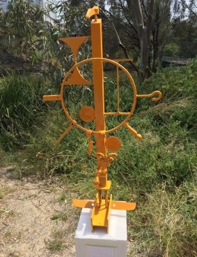 Bruce Webb's sculpture Yellow Totem at the outdoor Art at Burnley Harbour exhibition.