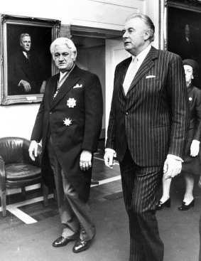 Sir John Kerr and Prime Minister Gough Whitlam in the King's Hall, Parliament House, Canberra on July 11 1974.