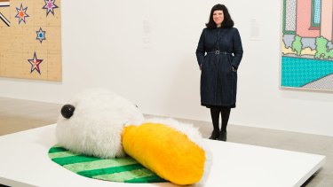 Kathy Temin with her 1991 synthetic fur sculpture The Duck-Rabbit Problem.