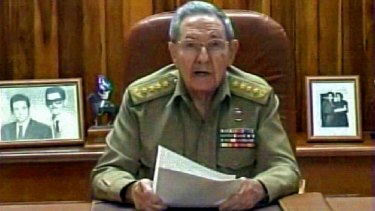 A screenshot from the Cuban TV showing President Raul Castro addressing the country about the diplomatic breakthrough brokered by Pope Francis.