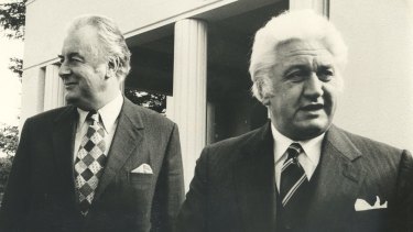 Gough Whitlam (left) and governor-general Sir John Kerr after a meeting of the Executive Council in July 1974.

