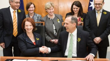 The Greens sign off on a deal in support of the Australian Labor Party in the Prime Minister's Office at Parliament House.