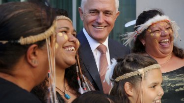 Prime Minister Malcolm Turnbull with Ngunnawal elders at an Indigenious function on the eve of the Closing the Gap report in February.