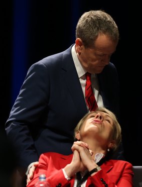 Opposition Leader Bill Shorten and Deputy Opposition Leader Tanya Plibersek at the ALP National Conference on day three Melbourne on Sunday.