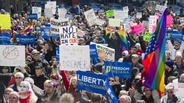 Thousands of opponents of Indiana Senate Bill 101, the Religious Freedom Restoration Act, join the weekend protests.