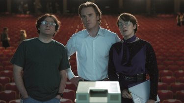 Michael Stuhlbarg (Andy Hertzfeld), Michael Fassbender (Steve Jobs) and Kate Winslet (Joanna Hoffman) in <i>Steve Jobs</i>.