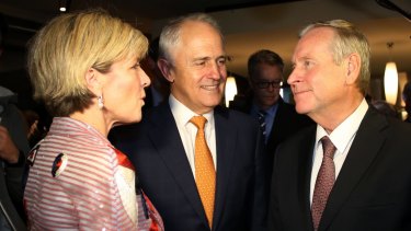 Prime Minister Malcolm Turnbull with Julie Bishop and Premier Colin Barnett.