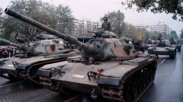 Greek army tanks parade in the streets of Salonica during celebrations for the 57th anniversary of Ochi Day No Day, when Greece refused to comply with Italian dictator Benito Mussolini's demands in World War II. 