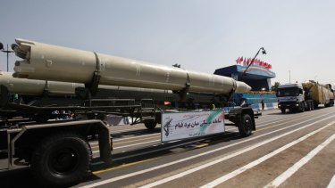 A 2012 photo of a Qiam missile being displayed by Iran's Revolutionary Guard during a military parade.