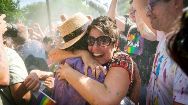 In Melbourne, same-sex marriage supporters turned out in force to celebrate the victory.