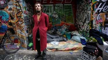 Home for a few days: Tyson Daymond in front of his possessions on Hosier Lane.