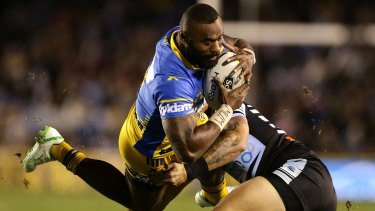 Semi Radradra in action for the Eels against the Sharks on Saturday.