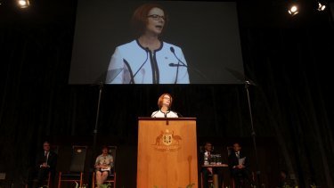 Prime Minister Julia Gillard delivers the National Apology for Forced Adoption in the Great Hall at Parliament House in Canberra on March 21, 2013.