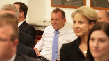 Tony Abbott during the joint party meeting at Parliament House in Canberra.
