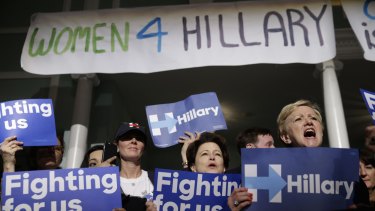 Supporters of Democratic presidential candidate Hillary Clinton cheer during a 'Women for Hillary' event in New York in April.