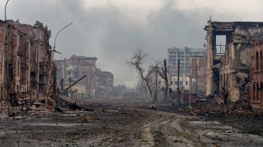 The Chechen capital Grozny in February 2000, on the day that acting president Vladimir Putin declared the liberation of the city.
