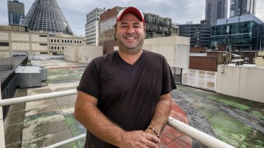 Bar owner Jerome Borazio on the rooftop of Melbourne Central shopping centre, where he and the centre's owners want to open a luxury camping site.