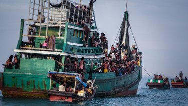 Rohingya migrants on a boat off the coast near Kuala Simpang Tiga in Indonesia's Aceh province last month.