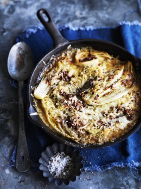 Braised witlof and leek gratin with gruyere.