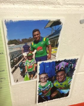 A picture of Papalii and young Raiders fan Jayden Jacobs in his locker.