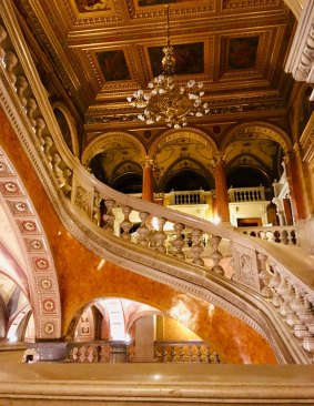 The ornate staircase inside the Hungarian State Opera House.