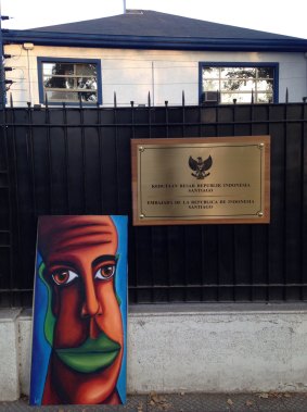 The self-portrait outside the Indonesian embassy in Santiago, Chile.