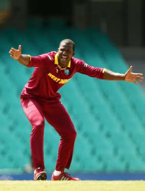 Darren Sammy of West Indies appeals during the ICC Cricket World Cup warm-up match between the West Indies and Scotland at Sydney Cricket Ground on February 12.