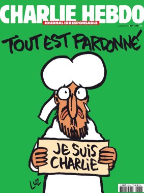 The frontpage of the upcoming "survivors" edition shows a cartoon of the Prophet Muhammed holding up a "Je suis Charlie" ('I am Charlie') sign under the words: "Tout est pardonne" ('All is forgiven').  