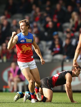 Ryan Lester celebrates a goal against the Bombers.