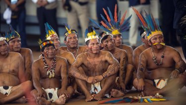 Indigenous representatives listen to Pope Francis in Puerto Maldonado, Peru, on Friday.