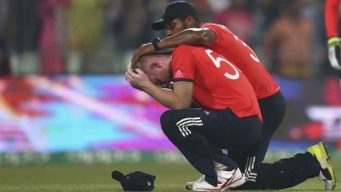 A distraught Ben Stokes after he was hit for four successive sixes in the final over.