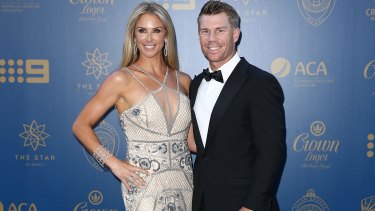 Winner: David Warner arrives at The Star with wife Candice Warner for the Allan Border Medal ceremony.
