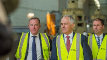 Tasmanian Premier Will Hodgman, Prime Minister Malcolm Turnbull and Energy Minister Josh Frydenberg in Launceston on Thursday.