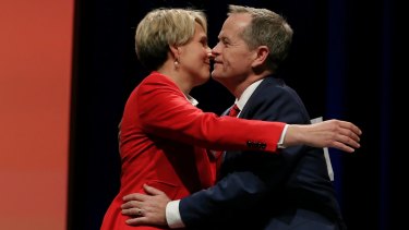 Deputy Opposition Leader Tanya Plibersek and Opposition Leader Bill Shorten embrace after debating the party's position on same-sex marriage.