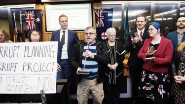 Former mayors and councillors addressed the crowd after the meeting of the newly formed Inner West Council was cancelled.