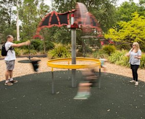 A bat-themed carousel is among the attractions at Wombat Bend Playspace. 