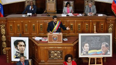 Nicolas Maduro  addresses Constitutional Assembly members during a special session at National Assembly building in Caracas on Thursday.