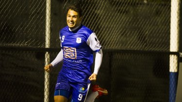 Canberra Olympic's Philipe Bernabo Madrid after his first half  goal in their FFA Cup match against Surfers Paradise Apollo. 