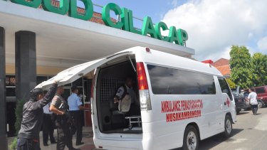 The ambulance transporting death row prisoner Zulfiqar Ali in Cilacap, the closest town on the Javan mainland to the penal island of Nusakambangan.
