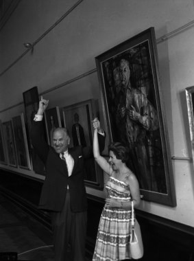 Stanislaus Rapotec and Judy Cassab celebrate her win in the Archibald Prize, 27 January 1961.