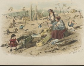 ST Gill's Zealous Gold Diggers, Bendigo  July 1, 1852, lithograph, National Library of Australia.