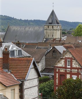 The church where a 84-year-old priest was murdered in an attack in Normandy, France.