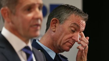 NSW Police Commissioner Andrew Scipione and Premier Mike Baird address the media after the shooting of a police worker in Parramatta.