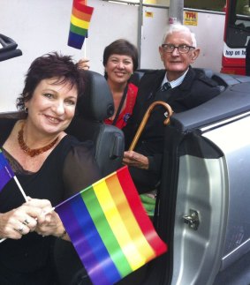 (From left) Melissa Gibson with 78ers Julie McCrossin and Ron Austin at the Sydney Mardi Gras in 2013. 