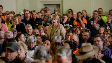 A local woman voices her concerns at a Lancefield community meeting on Wednesday.