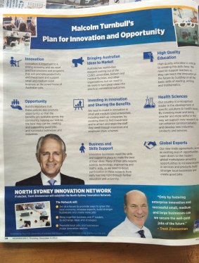 A newspaper advertisement promises a new 'North Sydney Innovation Network' if Trent Zimmerman is elected. 