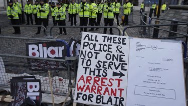 Placards outside the venue of the Chilcot Inquiry in January 2010.