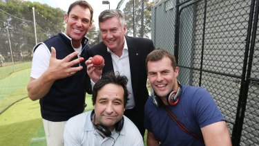 From back left: Shane Warne, Eddie McGuire, Mick Molloy and Luke Darcy at an AFL community camp in December 2014.