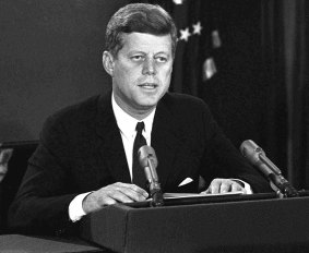 US president John F. Kennedy's televised address in 1962 announcing a naval blockade of Cuba until Soviet missiles were removed.