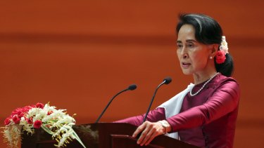 Myanmar's State Counsellor Aung San Suu Kyi delivers a televised speech to the nation on Tuesday.